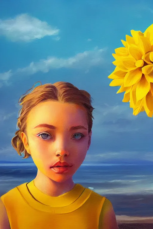 Prompt: closeup girl with huge yellow dahlia flower face, on beach, surreal photography, blue sky, sunrise, dramatic light, impressionist painting, digital painting, artstation, simon stalenhag