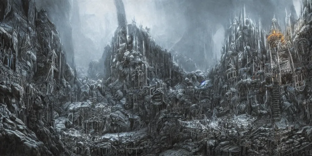 Image similar to Khazad-dûm in the Mines of Moria, detailed matte painting, cinematic, Alan Lee, Artstation