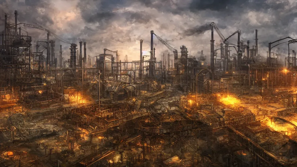 Image similar to industrial site, fantasy artwork, very very very beautiful scenery, hd, hdr, ue5, ue6, unreal engine 5, cinematic 4k wallpaper, 8k, ultra detailed, high resolution, artstation, award winning