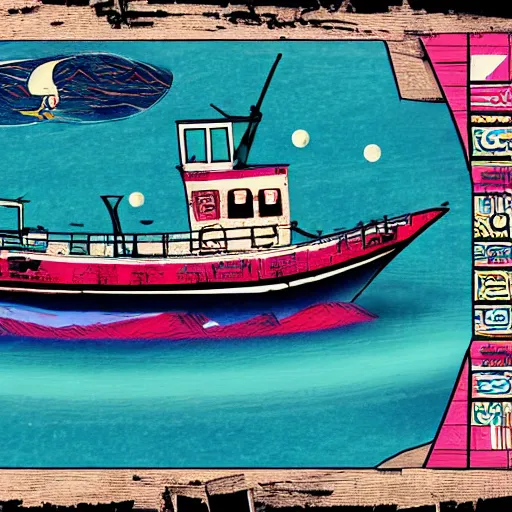 Image similar to an abandoned ship in the aral sea, in the style of daniel johnston and outsider art, 8 k, line brush, overlaid with chinese adverts