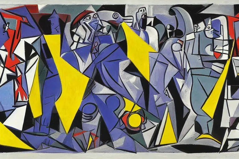 Prompt: Avengers Endgame battle scene with Thanos painted by Pablo Picasso, in the style of Guernica