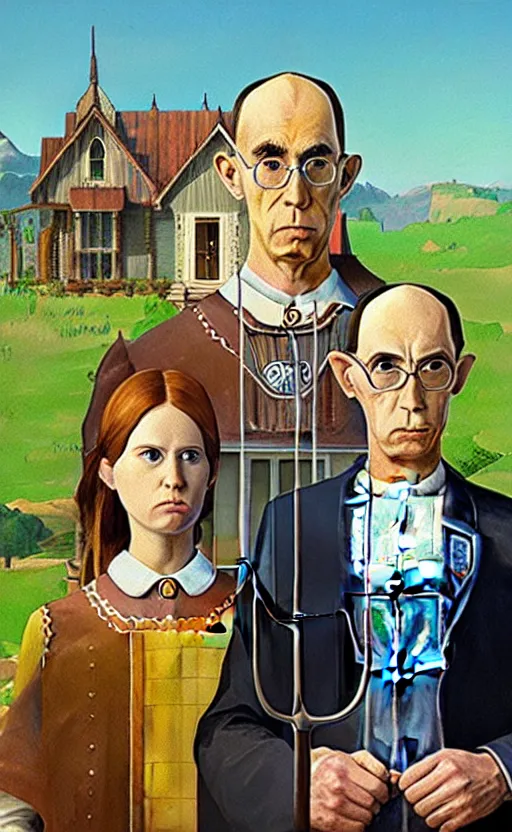 Image similar to american gothic by grant wood in the style of Legend of Zelda: Breath of the wild