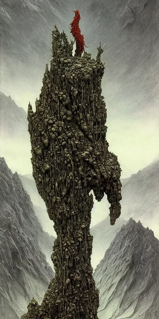 Image similar to A detailed lonley enormous alien sock stands among the mountains. Wearing a ripped mantle, robe. Perfect face, extremely high details, realistic, fantasy art, solo, masterpiece, art by Zdzisław Beksiński, Arthur Rackham, Dariusz Zawadzki