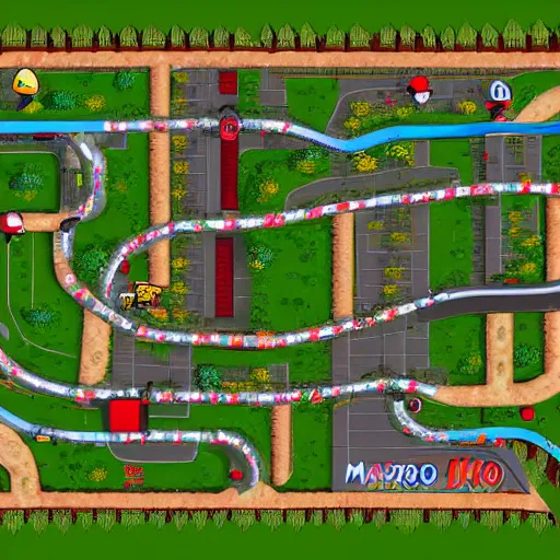 Image similar to top down view of Nintendo Mario kart custom racing racetrack map. Punk rock hiking trail themed custom dirt path trail map. Post punk underground nightclub rave course. HD track details.