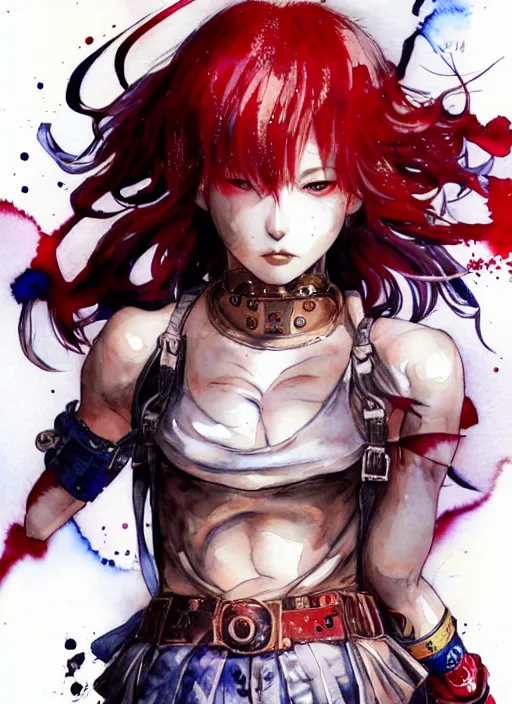 Image similar to fullbody!! yoshitaka amano and ayami kojima lineart, watercolour, gorgeous girl symmetrical face, short red hair, crop top, shorts, dynamic action pose, hyper detailed, character concept, intricate, elegant, digital painting, artstation, smooth, sharp focus