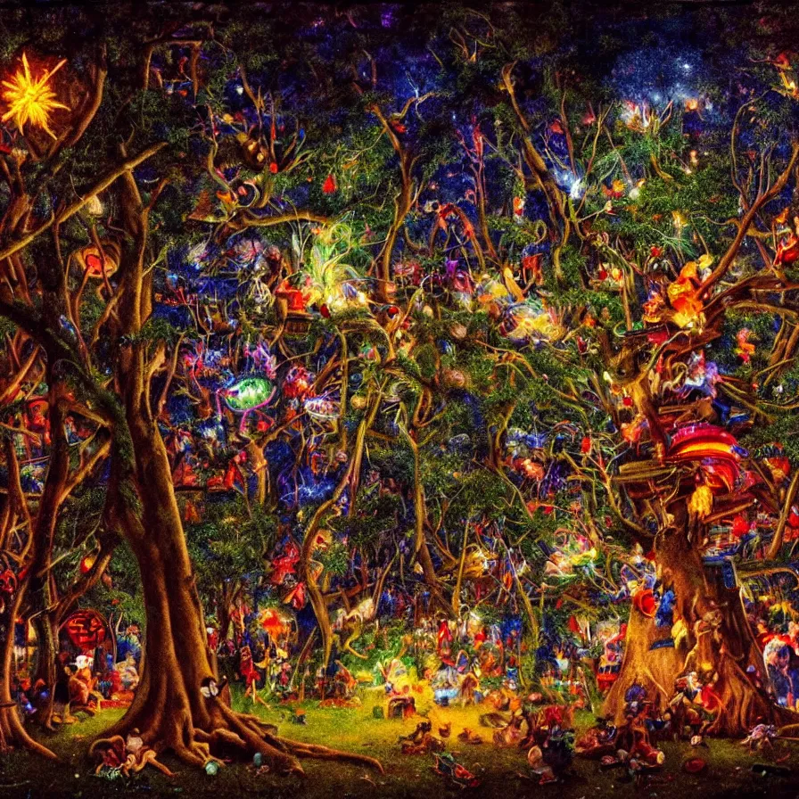 Prompt: closeup of a night carnival inside a tree cavity in a magical forest in the middle of a summer storm, with a music scenario with many fireworks and christmas lights, volumetric lightning, instense god rays in the sky, folklore people disguised with fantastic creatures in a magical forest by summer night, masterpiece painted by norman rockwell, very coherent and colorful high contrast masterpiece,
