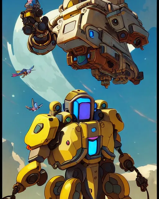 Image similar to bastion the friendly from overwatch, with his pet bird, character portrait, portrait, close up, concept art, intricate details, highly detailed, vintage sci - fi poster, retro future, in the style of chris foss, rodger dean, moebius, michael whelan, katsuhiro otomo, and gustave dore