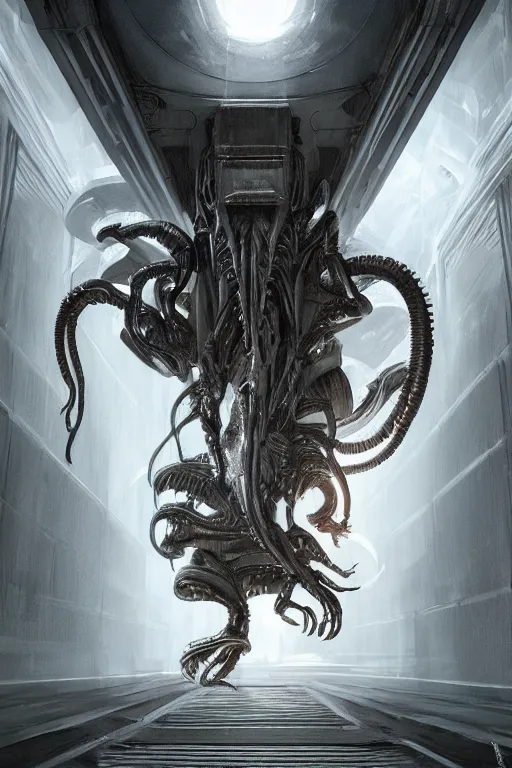 Image similar to ultra realist and ultra intricate detailed soft painting of a metal xenomorph fighting a Predator in a futuristic hallway, sensual gloomy style, volumetric clouds, artstation, unreal render, depth of field