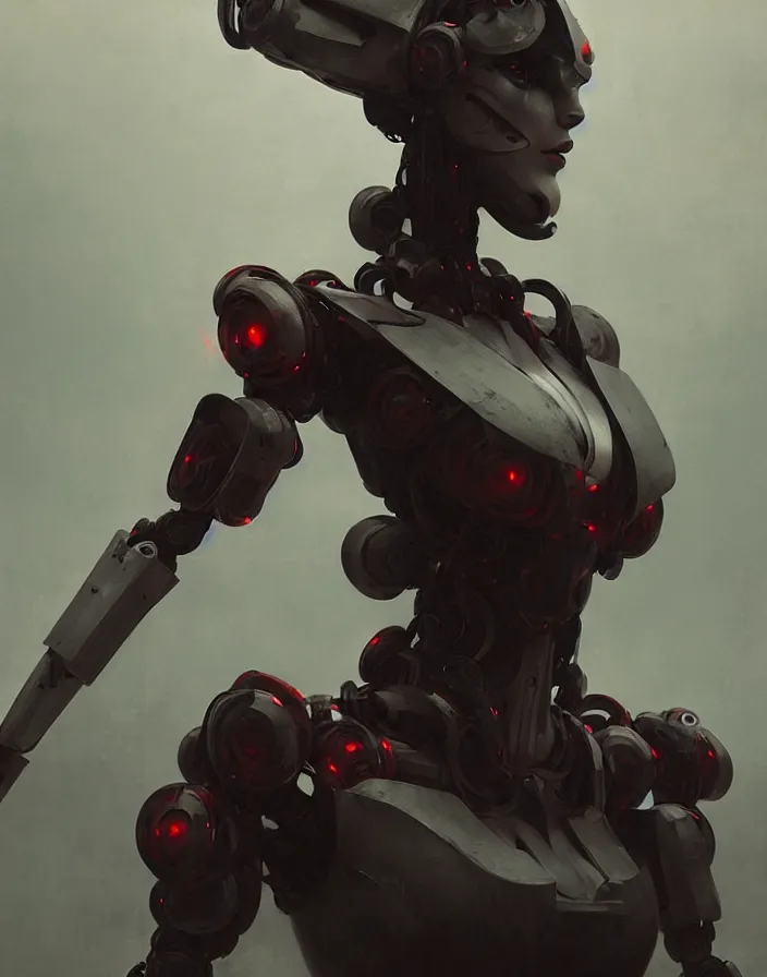 Image similar to portrait of a geisha robot by greg rutkowski and ruan jia, mecha, washed colors, dark, gloomy, matte painting, unreal engine 5