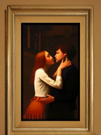 Prompt: masterpiece painting by jean hugo, of a solo individual portrait of a guy and a girl kissing, cinematic light, renaissance, atmospheric effects, artstation