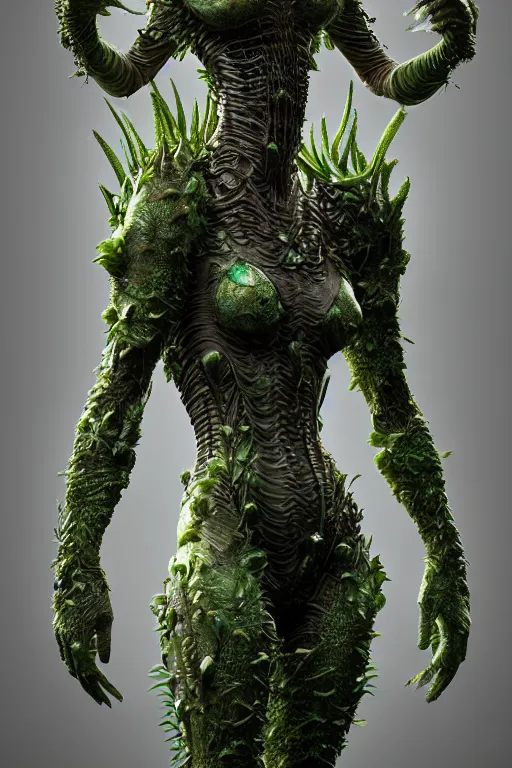 Image similar to skin concept costume, in full growth, biopunk, plant predator, predator, trypophobia, plants and worms, many details, crystals, guyver style, 3 d, cinematic, hyper realism, high detail, octane render, art by hans giger