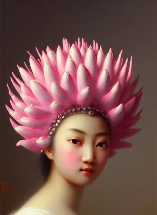 Prompt: stunning asian princess, detailed pink and white protea head peace against a black backdrop by ivan aivazovsky, wlop, oil painting, beautiful soft lighting, muted colours, artstation