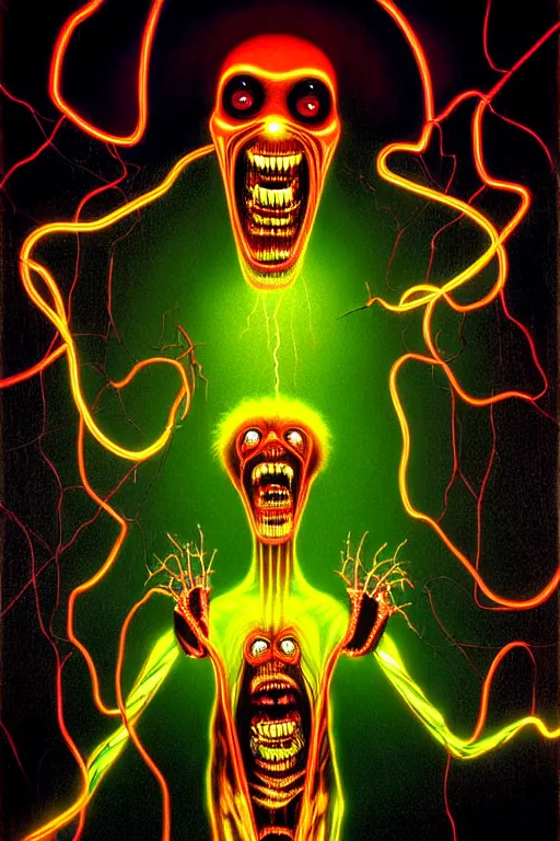 Image similar to a hyperrealistic painting of an electricity creature specter high voltage horror, glowing in the mansions lobby, cinematic horror by chris cunningham, lisa frank, richard corben, highly detailed, vivid color,