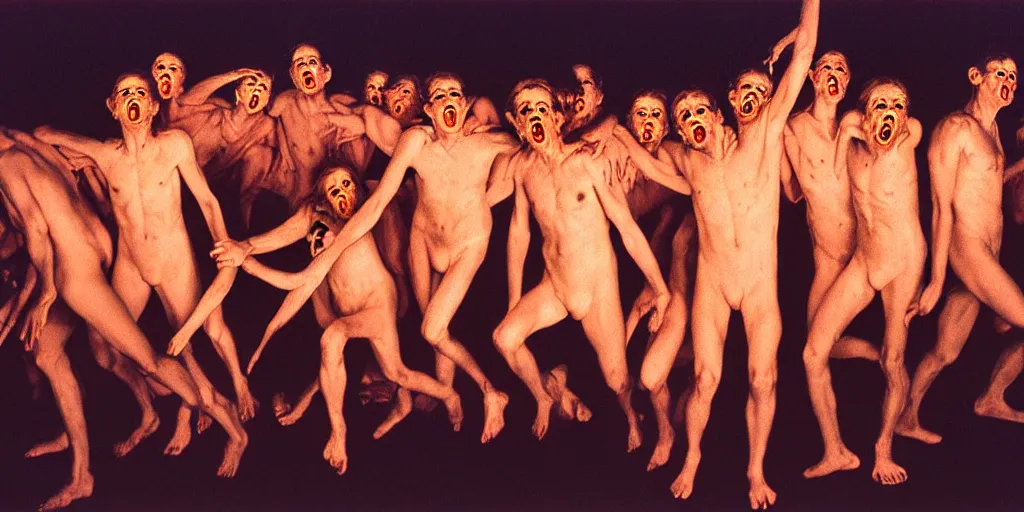 Image similar to full body portrait of people screaming with demons terror fear joy love life light golden hour 1 2 0 mm film highly detailed sharp zeiss lens 1. 8 high contrast chiaroscuro detailed photograph by gottfried helnwein ryan mcginley robert mapplethorpe david armstrong david wojnarowicz