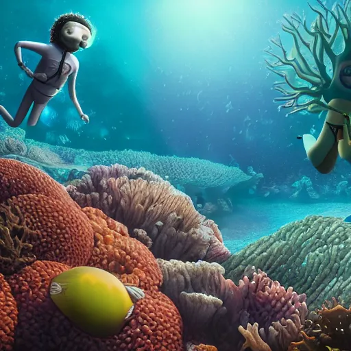 Prompt: a incredibly detailed landscape of photorealistic of corals in maldives, two women in the spacesuit as rick & morty, the light penetrates the meeting and shines to the bottom of the sea, volumetric lighting, octane