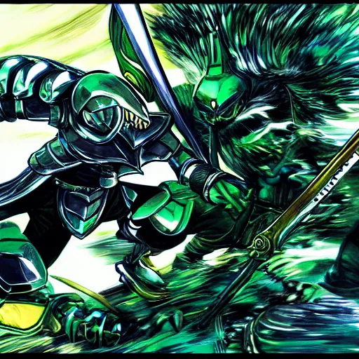 Prompt: knight in green car, blue armor, gold sword, dragon attack, low angle, action, manga panel, Murata