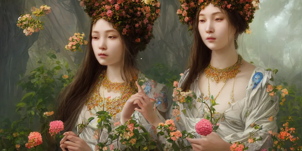 Prompt: breathtaking detailed concept art painting portrait of the goddess of hydrangea flowers, orthodox saint, with anxious piercing eyes, ornate background, amalgamation of leaves and flowers, by hsiao - ron cheng, volegov, extremely moody lighting, 8 k