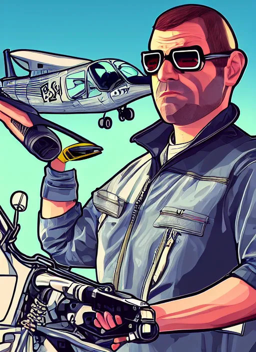 Image similar to illustration gta 5 artwork of mr steele fpv pilot, in the style of gta 5 loading screen, by stephen bliss