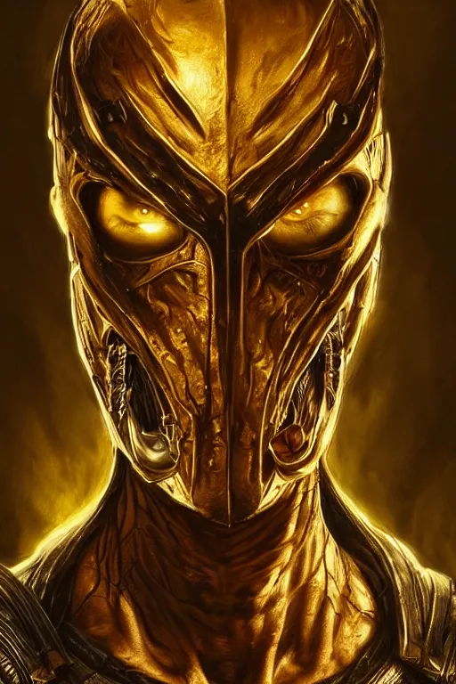 Image similar to realistic portrait beautiful concept art of mortal kombat movie scene when barakka mutate into golden cyborg. horror, created by gustave dore and greg rutkowski, high detailed, smooth draw, synthwave neon retro, intricate, trending on artstation.