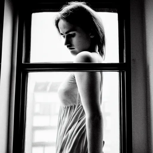 Image similar to black and white photography of highly detailed beautiful depressed Woman with detailed face in the heroine chique style standing by the window, vintage, natural light, sigma 24 f2.8