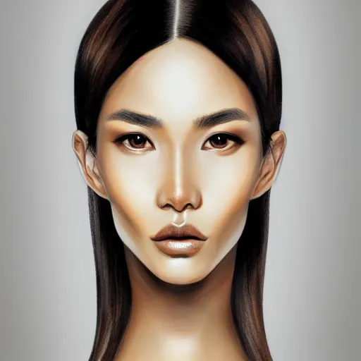 Prompt: indonesian Supermodel, olive skin, long dark hair, beautiful bone structure, intricate, elegant, highly detailed, digital painting, artstation, concept art, smooth, sharp focus, illustration, art Chuck Close