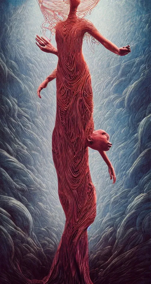 Image similar to a piece called the two sizes too big, a beautiful surrealist rendering portrait of an insecure gorgeous woman by dan mumford and beksinski, wearing a dress by iris van herpen and mulleavy, cinematic lighting, dynamic edgy elegant pose like a dancer, full subject in frame standing on a stage