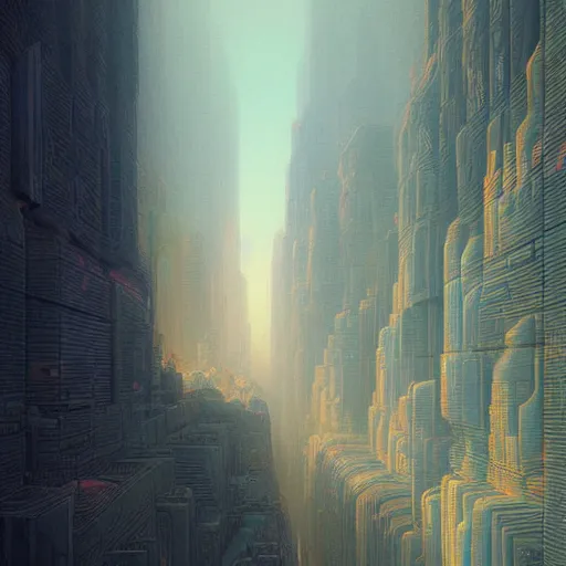 Prompt: feeling small in the neon city, planet mars. art by zdzislaw beksinski and tyler edlin, muted colors, pastel, detailed, great composition, artstation