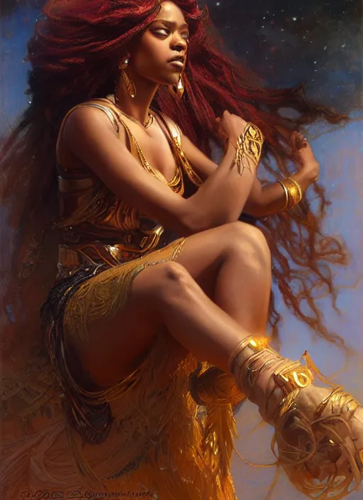 Image similar to young black woman, goddess of light, long flowing hair, smug expression, highly detailed painting by gaston bussiere, craig mullins, j. c. leyendecker 8 k