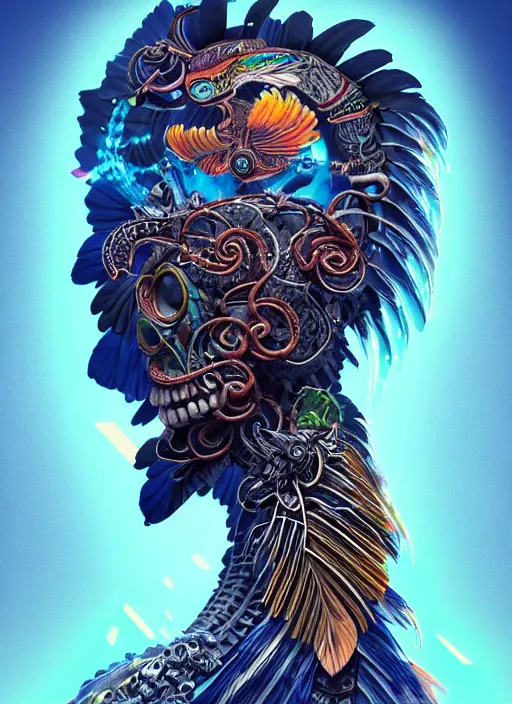 Image similar to 3 d shaman with tattoos profile portrait, sigma 5 0 0 mm f / 5. beautiful intricate highly detailed quetzalcoatl skull and feathers. bioluminescent, plasma, lava, ice, water, wind, creature, thunderstorm! artwork by tooth wu and wlop and beeple and greg rutkowski, 8 k trending on artstation,