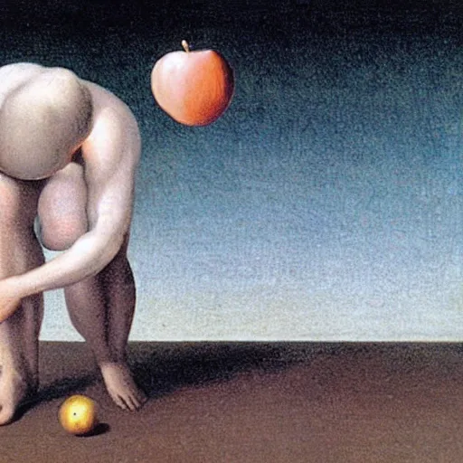 Prompt: Isaac Newton dropping a apple on the ground in the style of Rene Magritte
