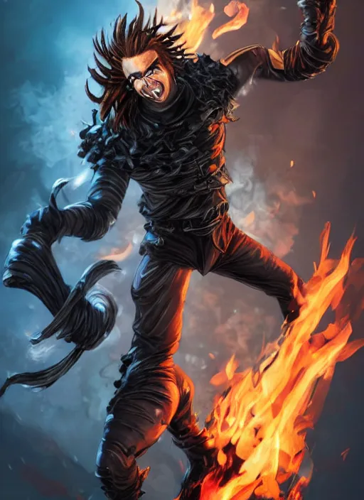 Image similar to An epic fantasy comic book style portrait painting of young man with red spiked long hair, using an orange lens googles. Wearing white shirt, a black waistcoat, brown pants and black boots. He is throwing a wild fire blast from his hands, with a vicious smile in face. Unreal 5, DAZ, hyperrealistic, octane render, cosplay, RPG portrait, dynamic lighting