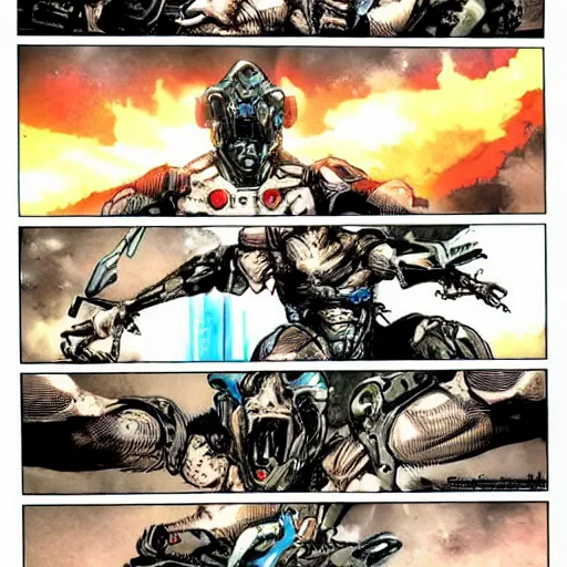 Image similar to cyborg from metal gear rising : revengeance, vintage comic, grimdark