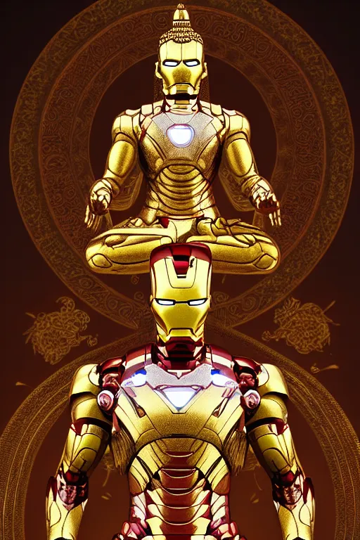 Prompt: digital masterpiece illustration concept art of porcelain statue of buddha gautama as iron man, varasana, lotus, padmasana, extremely detailed and intricate complexity, epic composition, magical atmosphere, cinematic lighting, wide long shot, trending on artstation, 8 k