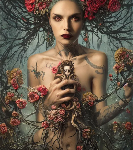 Prompt: portrait of the supreme king of the underworld, cryptic, mysterious, surrounded by skulls and overgrowth and flowers and cords, mist by karol bak, James Jean, tom bagshaw, rococo, trending on artstation, cinematic lighting, hyper realism, octane render, 8k, hyper detailed.