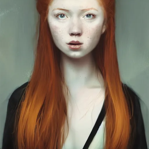 Image similar to studio portrait, a short pale ginger girl with freckles, ginger hair is middle parted, scowling, wearing a black robe, trending on art station, by wlop