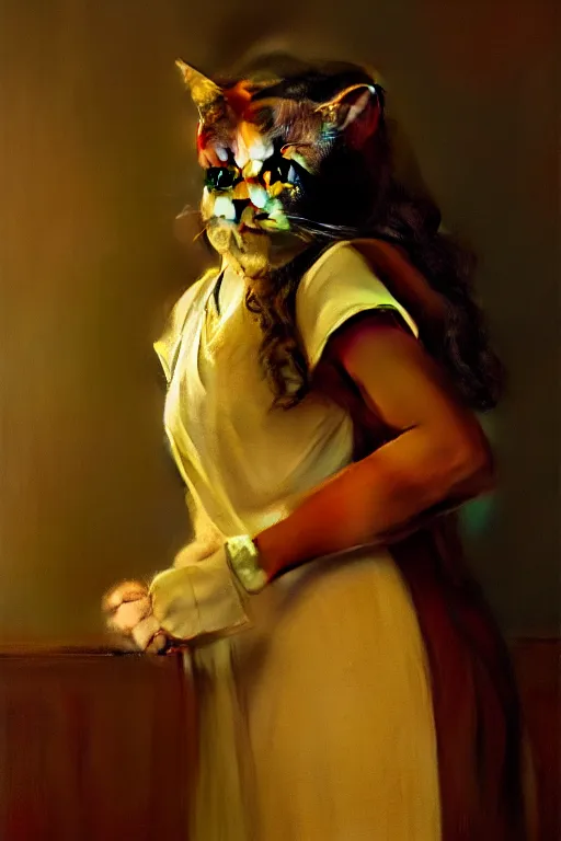 Image similar to a portrait of a cat dressed as a cook, high detail, cleary see face, by gaston bussiere, bayard wu, greg rutkowski, odd nerdrum, maxim verehin, dan dos santos, masterpiece, sharp focus, cinematic lightning