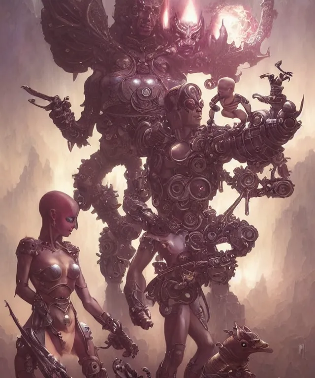 Image similar to beautiful evil fantasy baby superheroes, ultra realistic, wide angle, intricate details, the fifth element artifacts, highly detailed by peter mohrbacher, hajime sorayama, wayne barlowe, boris vallejo, aaron horkey, gaston bussiere, craig mullins