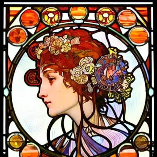 Prompt: goddess of drinking water, bottle, water, backpack, burning man, intricate, stained glass by alphonse mucha