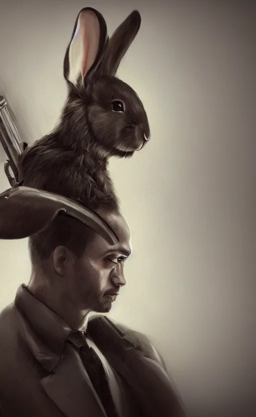 Image similar to dark fantasy photorealistic portrait concept art of a bunny hitman, trending on art station, stunning visuals, creative, cinematic, ultra detailed