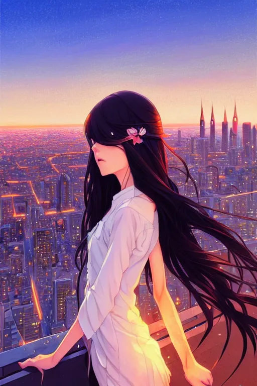 Image similar to a beautiful girl with long dark hair, city background, intricate, highly detailed, digital painting, artstation, official media, anime key visual, concept art, rich vivid colors, ambient lighting, sharp focus, illustration, art by Artgerm, Makoto Shinkai, Ilya Kuvshinov, Lois Van Baarle, and Rossdraws