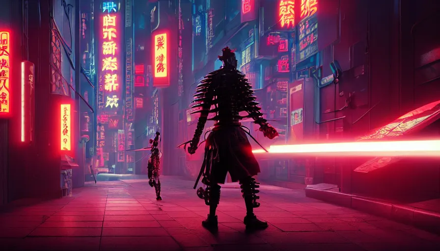 Image similar to movie still, an biomechanical samurai in night city, neon katana, cyberpunk horror style, cyberpunk, cyberpunk futuristic neo, detailed and intricate environment, octane render, unreal engine, 4 k, by greg rutkowski