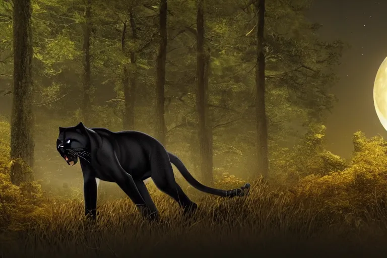 Image similar to a panther roaring in a forest during the night, large moon in the center. high quality. illustration. 4 k. cinematic. photoreal. highly detailed. dramatic. darkness. moon.