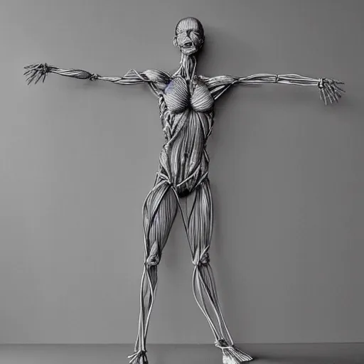 Image similar to realistic anatomically correct detailed wire sculpture of the human muscular system