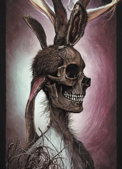 Image similar to the march hare death tarot card, highly detailed, half skull face, cinematic, 8 k, by stanley artgermm, tom bagshaw, greg rutkowski, carne griffiths, ayami kojima, beksinski, giger, trending on deviantart, hyper detailed, horror, full of colour