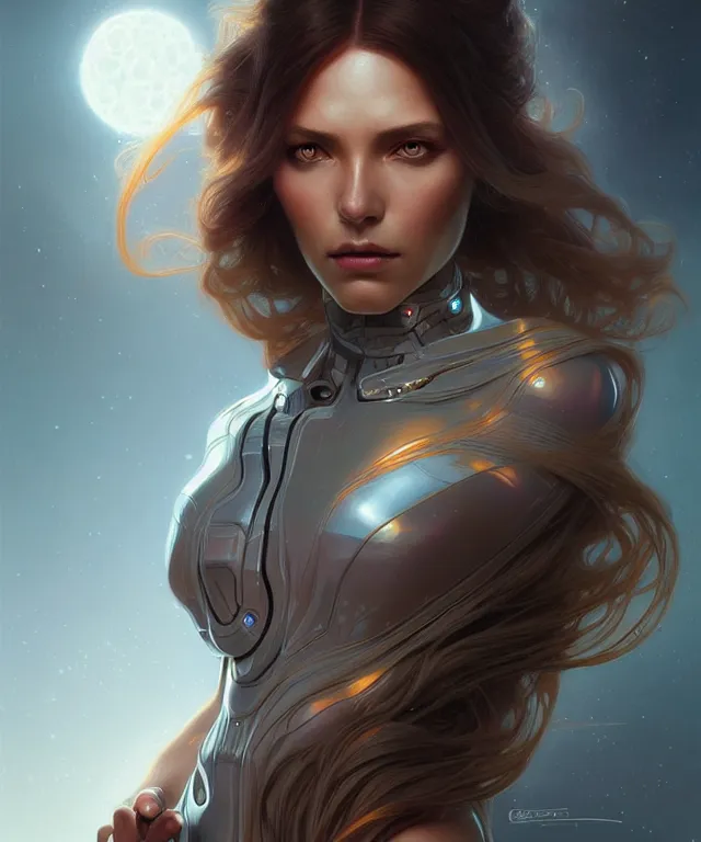 Image similar to futuristic woman portrait, sci-fi, amber eyes, face, long hair, fantasy, intricate, elegant, highly detailed, digital painting, artstation, concept art, smooth, sharp focus, illustration, art by artgerm and greg rutkowski and alphonse mucha