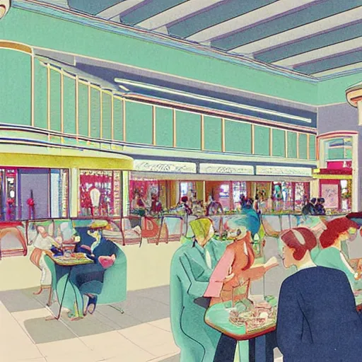 Image similar to art deco illustration of a mall food court in pastel colors