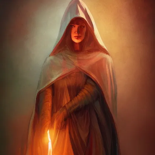 Image similar to ( a priestess with a hood that covers half her face carries an incense burner that emits a pleasantly colored flame. ) by anato finnstark, dream, full body portrait, dynamic lighting, beautiful, trending on artstation, wallpaper, 4 k, award winning, digital art, very detailed faces