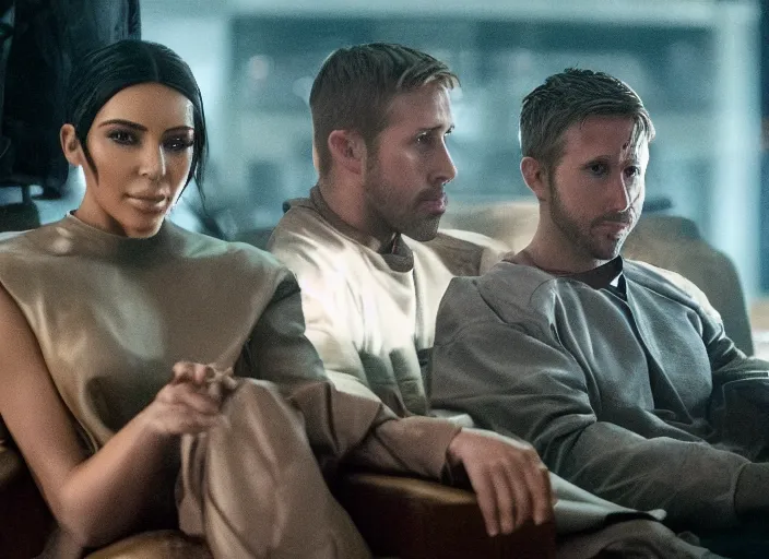 Image similar to a movie still of kim kardashian sitting with ryan gosling in the movie blade runner 2 0 4 9
