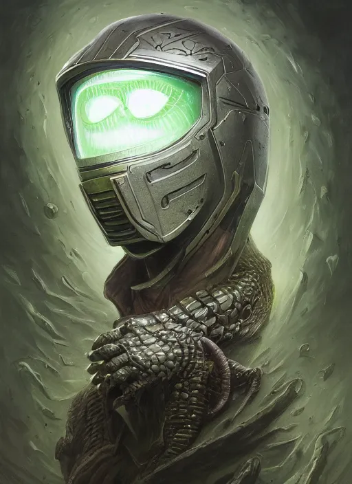 Image similar to horror machine glowing mf doom reptile eyes, grey green metal armor, elegant, highly detailed, centered, digital painting, artstation, concept art, smooth, sharp focus, illustration, artgerm, tomasz alen kopera, peter mohrbacher, donato giancola, joseph christian leyendecker, wlop, frank frazetta