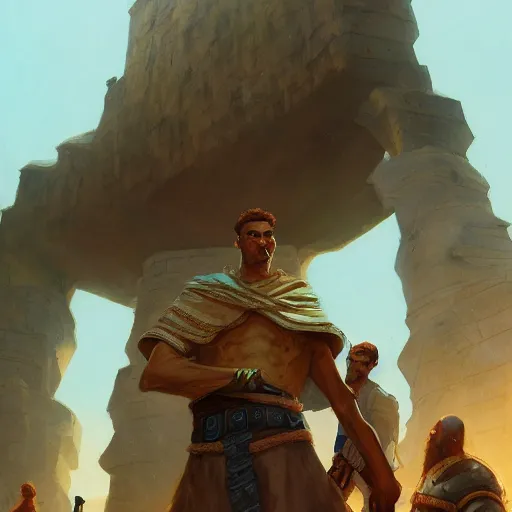 Image similar to 17 year old middle eastern skinned boy standing strong. Goliath, the Giant man stands behind. Cinematic, epic by andreas rocha and john howe, and Martin Johnson